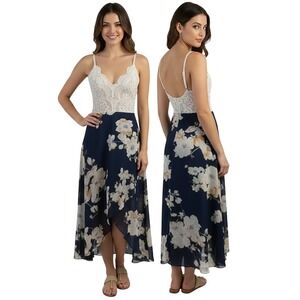 FancyInn Blue Multi Floral Hi Lo Maxi Dress White Lace Open Back Size Medium New
